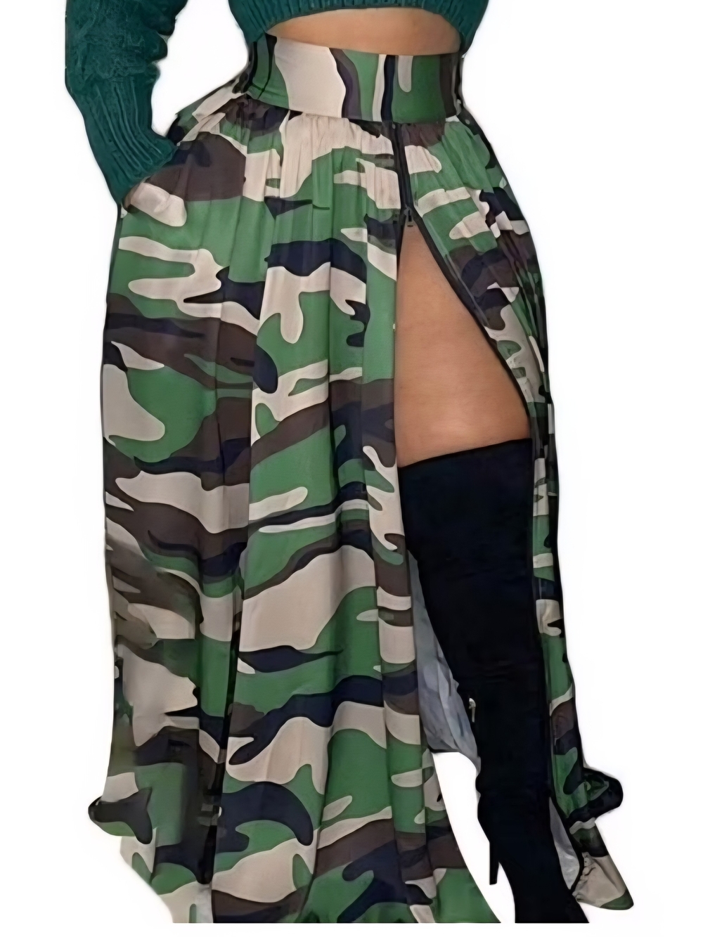 Amazon Green Camo High-Waist Maxi Skirt with Thigh Slit
